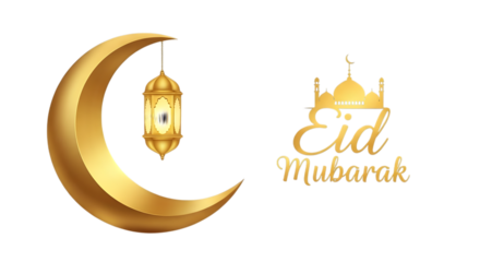 Eid mubarak greeting with golden crescent moon lantern and mosque silhouette