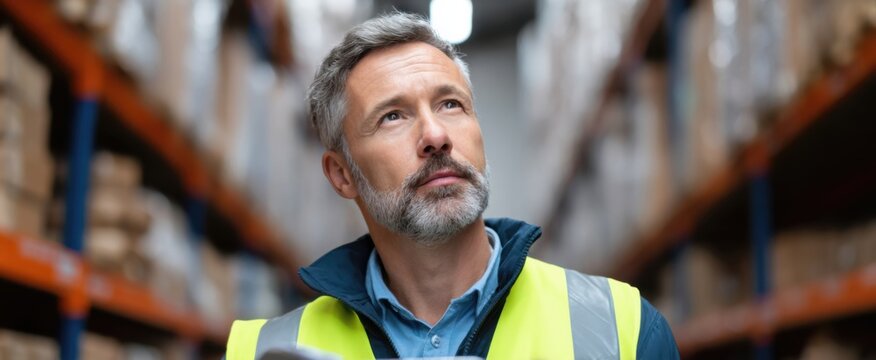 Supervisor meticulously reviewing detailed stock reports on vibrant screen in distribution center aisle. - Powered by Adobe