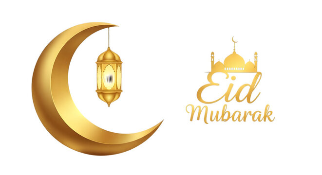 Eid mubarak greeting with golden crescent moon lantern and mosque silhouette - Powered by Adobe