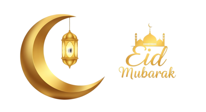 Eid mubarak greeting with golden crescent moon lantern and mosque silhouette - Powered by Adobe