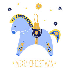 Christmas tree decoration in the form of a horse with yellow and blue ornaments