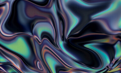 Abstract illustration with flowing waves in dark blue, teal, and hints of green and purple. The glossy, iridescent texture creates a metallic, liquid marble effect with smooth gradients and depth.