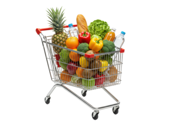 Gleaming chrome cart, red handles, full of fresh produce, bread, beverages, on stark white background with copy space, healthy eating concept