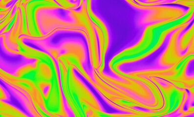 Abstract Y2K illustration with flowing waves in vibrant neon green, yellow, orange, and purple. The smooth, glossy effect creates a psychedelic, energetic, and liquid marble appearance.