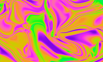 Abstract Y2K illustration with flowing waves in vibrant neon green, yellow, orange, and purple. The smooth, glossy effect creates a psychedelic, energetic, and liquid marble appearance.