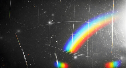 Dark background with rainbow light flares and scratches light leak spectrum
