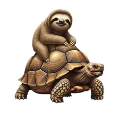 Naklejka premium A cute sloth riding on a turtle, both animals looking relaxed and happy, isolated on transparent background