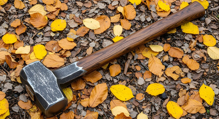 Heavy metal sledgehammer resting on a bed of fallen autumn leaves tool steel
