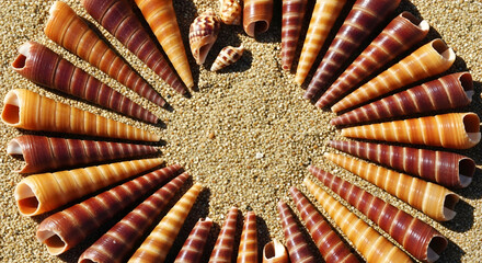 Spiral seashells arranged in a circle on sand cone beach