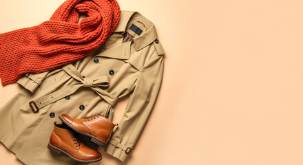 Tan trench coat with orange scarf and brown leather boots tan coat beige coat
