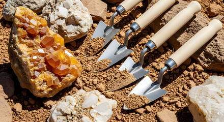 Three small trowels digging into brown soil with amber crystals dirt earth