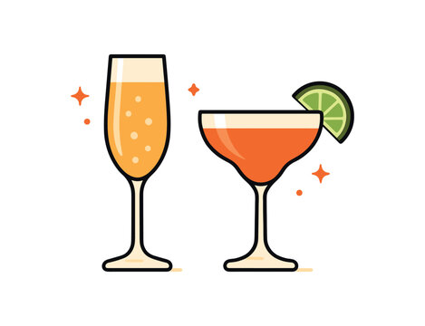 2 festive drinks champagne glass cocktail flat vector illustration clean modern design