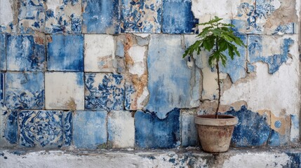A small green plant stands in a simple pot by a weathered blue tiled wall showcasing rustic beauty.