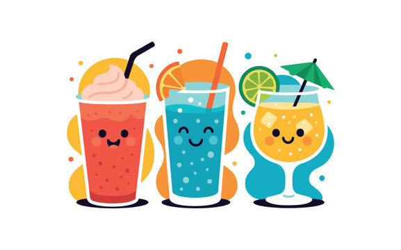 cheerful drinks smoothie soda cocktail flat vector illustration bright modern design