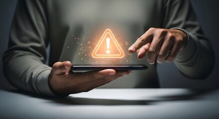 A person holding a smartphone with an illuminated warning sign hovering above the screen in a dark room