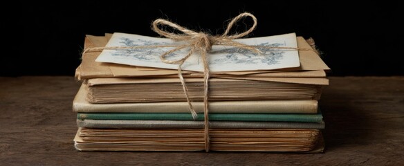 A charming stack of aged journals bound with twine exuding a nostalgic academic feel