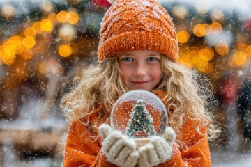 Cute little girl holding a illuminated snow globe with a decorated Christmas tree.
