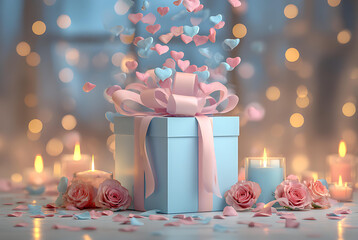 Gender reveal gift box with pink and blue hearts, candles and roses