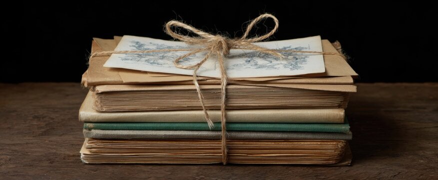 A charming stack of aged journals bound with twine exuding a nostalgic academic feel