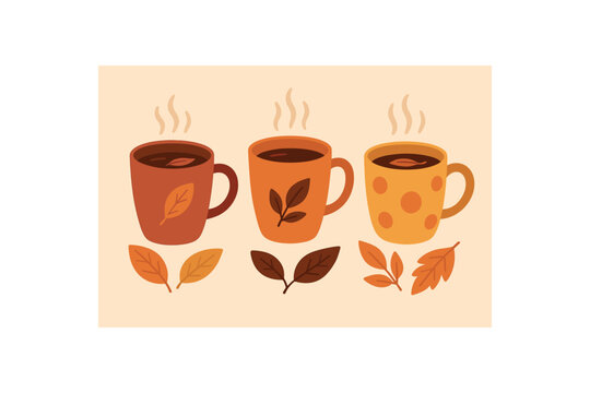 cozy cups with tea and leaves warm colors flat vector illustration minimal modern design