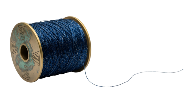 Spool of blue thread isolated on transparent background, ready for sewing work