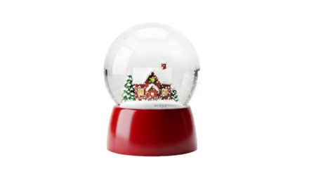 Red snow globe holds snowy house scene against dark. Ideal for holiday promotional materials, product showcases, seasonal designs.