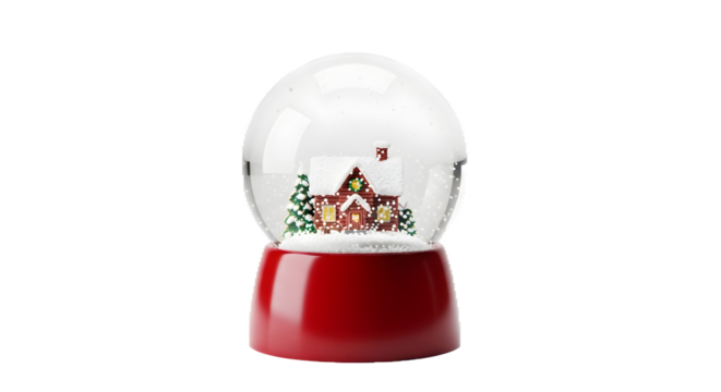 Red snow globe holds snowy house scene against dark. Ideal for holiday promotional materials, product showcases, seasonal designs. - Powered by Adobe