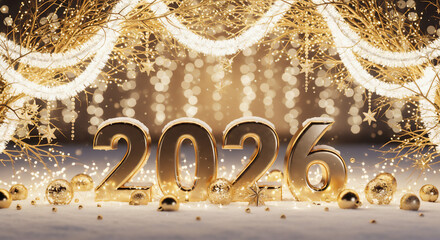 豪華なゴールド装飾と輝くイルミネーションに彩られた2026年の華やかなウィンターホリデー背景

