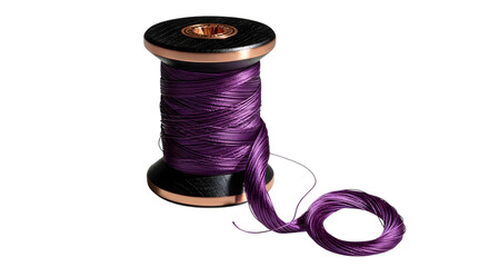Spool of purple thread isolated on transparent background, ready for sewing work