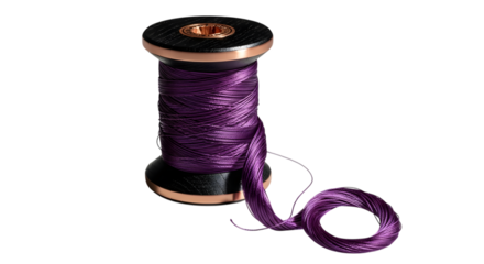 Spool of purple thread isolated on transparent background, ready for sewing work