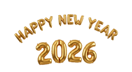 Happy new year 2026 golden balloons isolated on transparent background