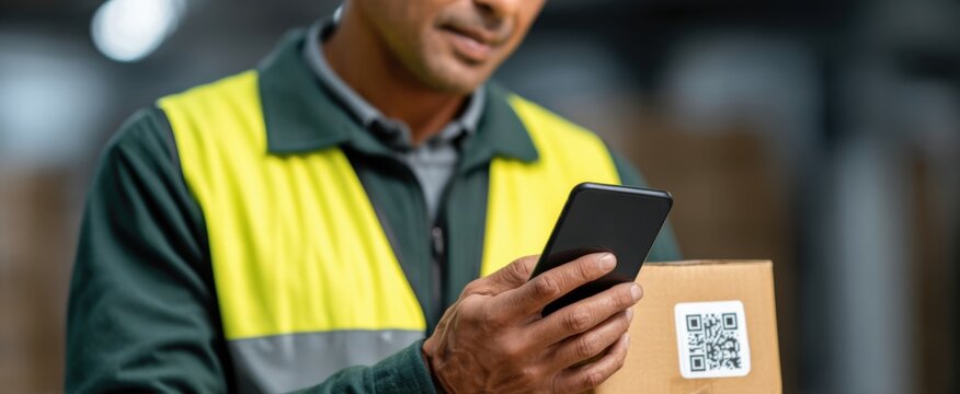 A mobile device shows tracking code as a worker scans a package barcode