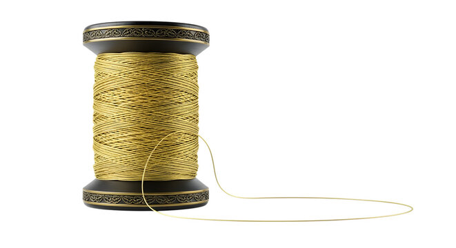 Spool of golden thread isolated on transparent background, ready for embroidery work
