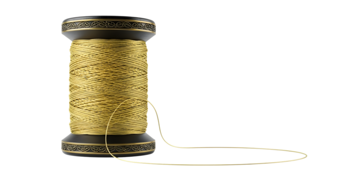 Spool of golden thread isolated on transparent background, ready for embroidery work