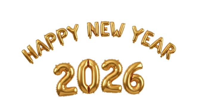 Happy new year 2026 golden balloons isolated on transparent background