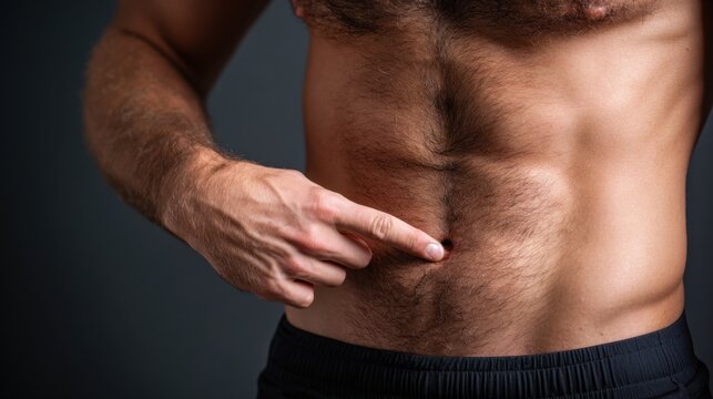 The man points his finger at his navel.