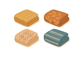 Flat vector illustration 4 decorative blankets folded with stitched edges rounded forms cozy home style