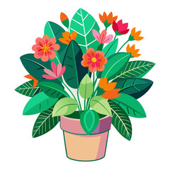 A stylized illustration of a potted plant overflowing with bright orange and pink flowers and abundant green foliage.