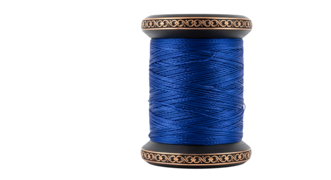 Blue thread spool isolated on transparent background with ornate metal accents