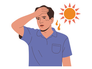 Man experiencing heatstroke with hand on forehead and sun illustration