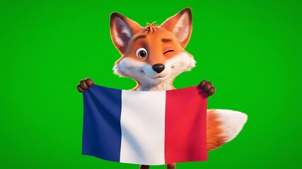 Friendly Cartoon Fox Winking and Holding French Flag on Green Screen Background - Powered by Adobe
