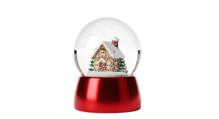 Red and white snow globe displays a wintery miniature scene against a black backdrop, perfect for festive posters, and seasonal branding.