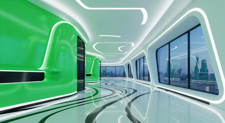 曲線デザインとグリーンパネルが印象的な近未来的ハイテクインテリア空間
