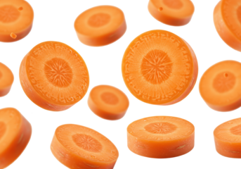 Multiple fresh, perfectly round, deep orange carrot slices with intricate star-like cores and glistening water droplets, suspended against a transparent studio background, concept of healthy, fresh