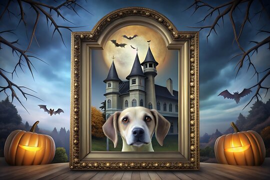 Haunted castle reflection dog halloween spooky scene