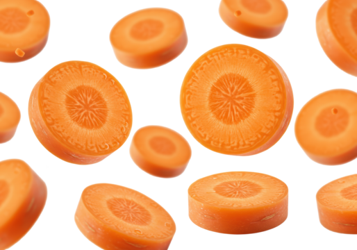 Multiple fresh, perfectly round, deep orange carrot slices with intricate star-like cores and glistening water droplets, suspended against a transparent studio background, concept of healthy, fresh