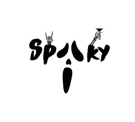 Spooky Sips Halloween-themed design featuring the word “Spooky” illustrated with creepy details eyeball shapes, a dangling spider, and a skeleton hand raising a cocktail glass. Fun, quirky.