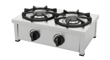 Two burner gas stove on white background
