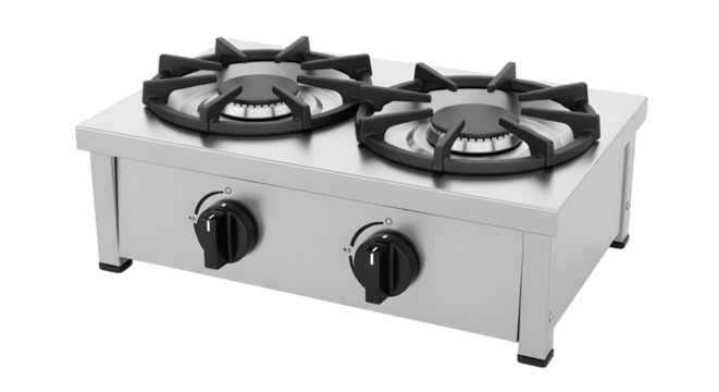 Two burner gas stove on white background