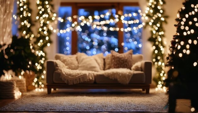 Living room illuminated by fairy lights, camera with soft bokeh in the background, completely out of focus